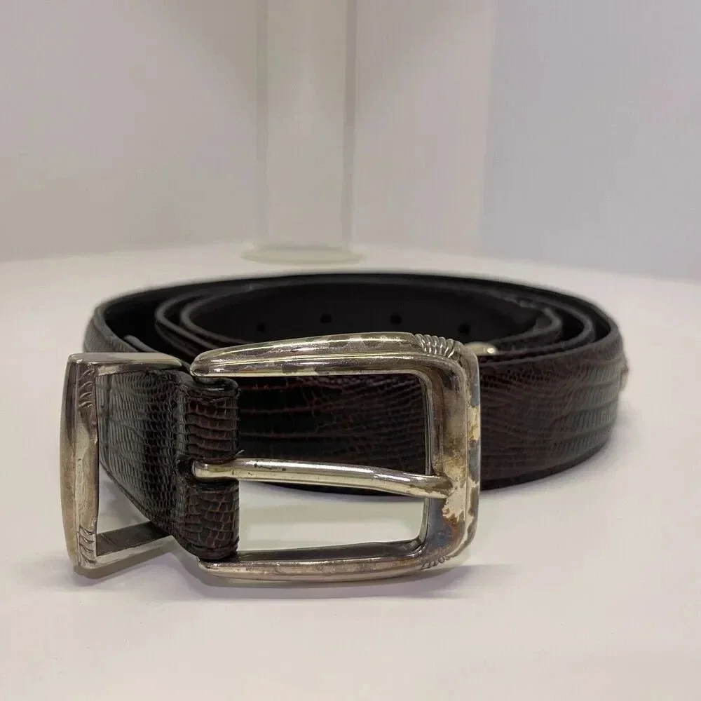 FootJoy Brown Leather Golf Belt‎ Silver Buckle Embossed Croc Pattern Adjustable